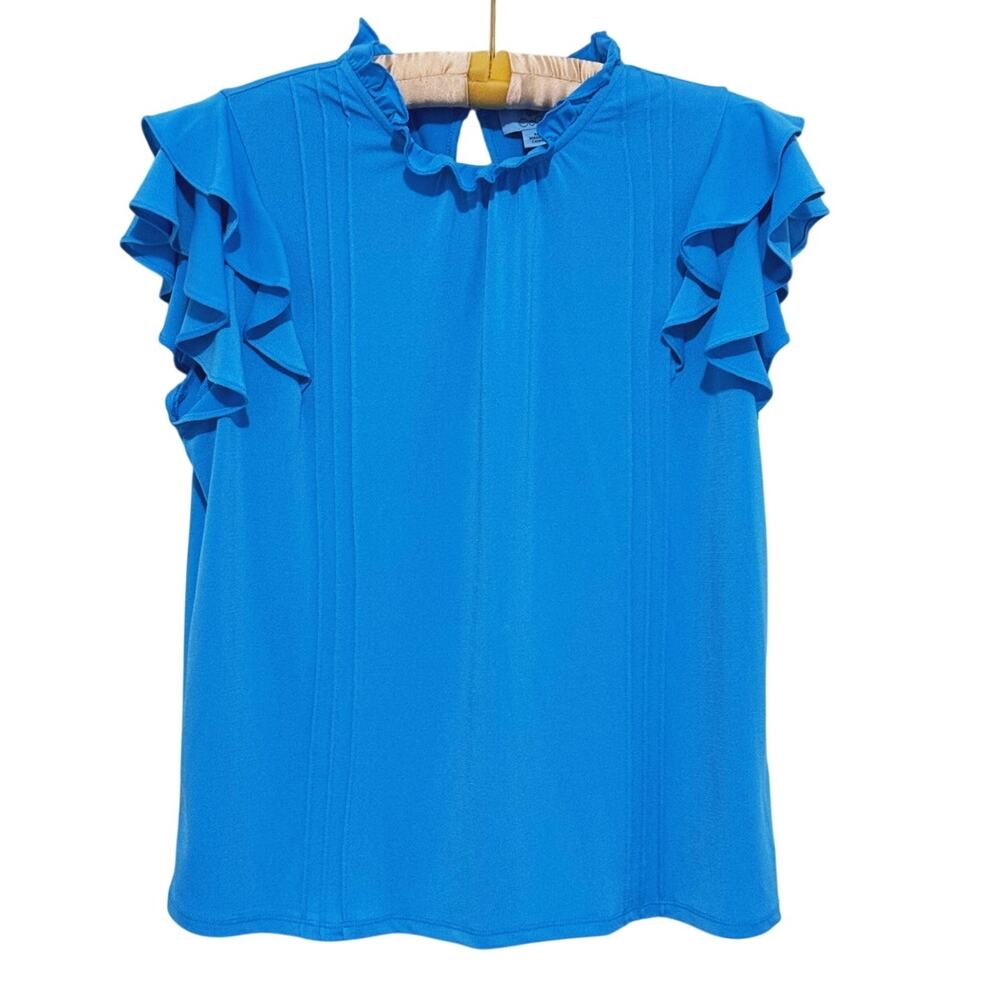 CeCe WOMENS Ruffled Neck Cap Sleeve Blouse Medium Blue Career Modern Feminine